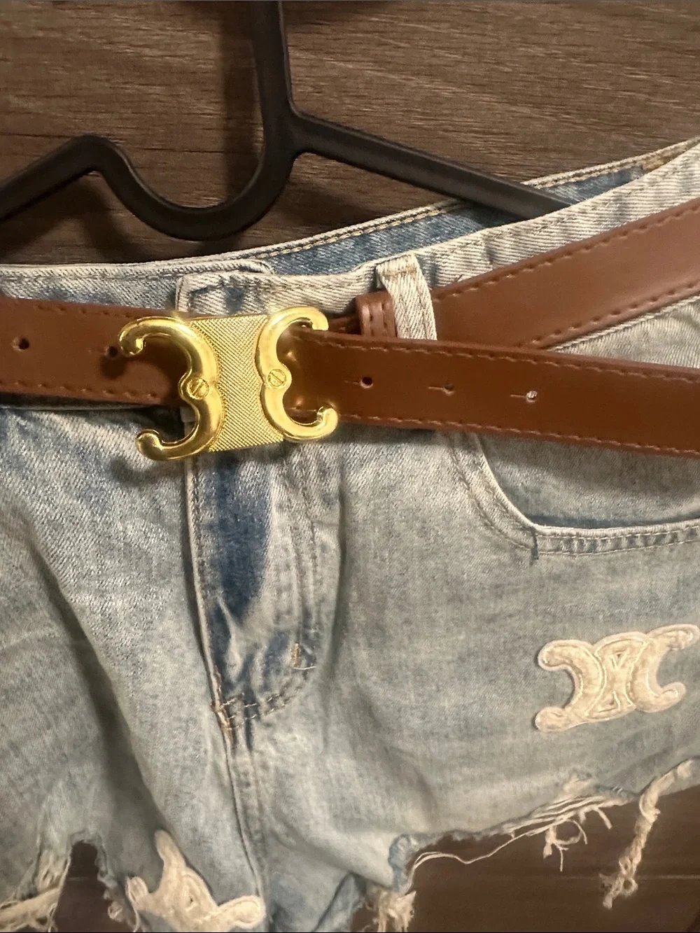 Light Blue Denim Distressed Women’s Shorts with Brown Belt size S